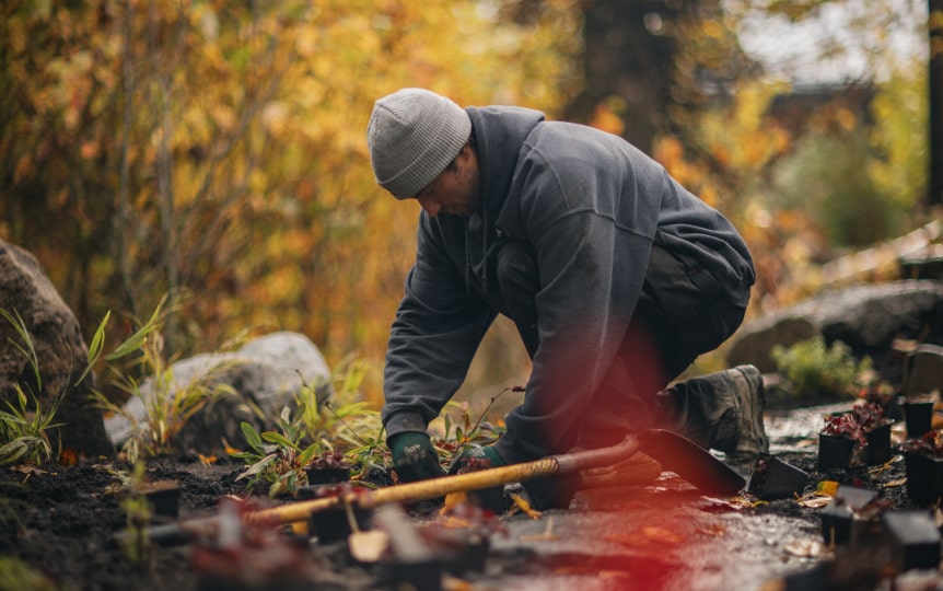 Gardener planting by pond