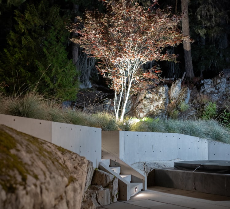 Illuminated stone steps patio dusk