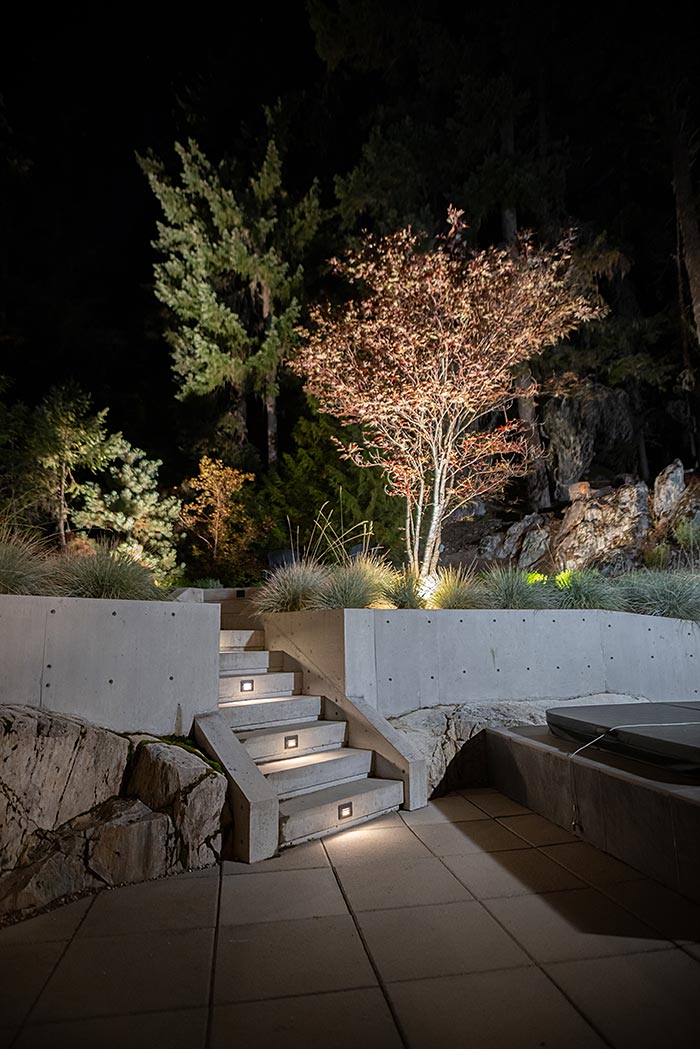 Landscape lighting illuminated steps winter